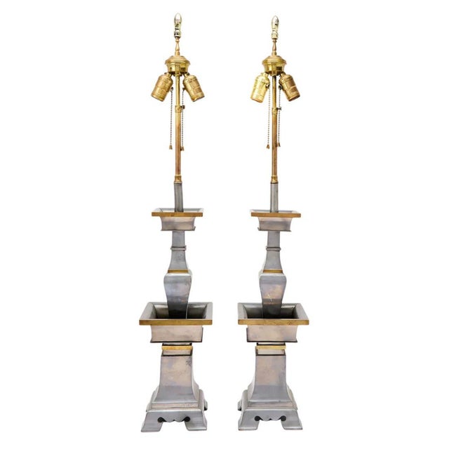 Chinoiserie Mid 20th Century Pewter Chinoiserie Lamps With Brass Detail - a Pair For Sale - Image 3 of 5