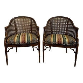 Pair of Vintage Hollywood Regency Faux Bamboo Caned Barrel Back Chairs For Sale