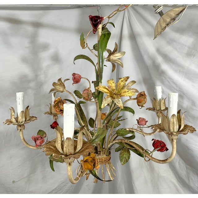 Vintage Tole 6-Light Chandelier With Flower Motif and Honest Patina For Sale - Image 4 of 18