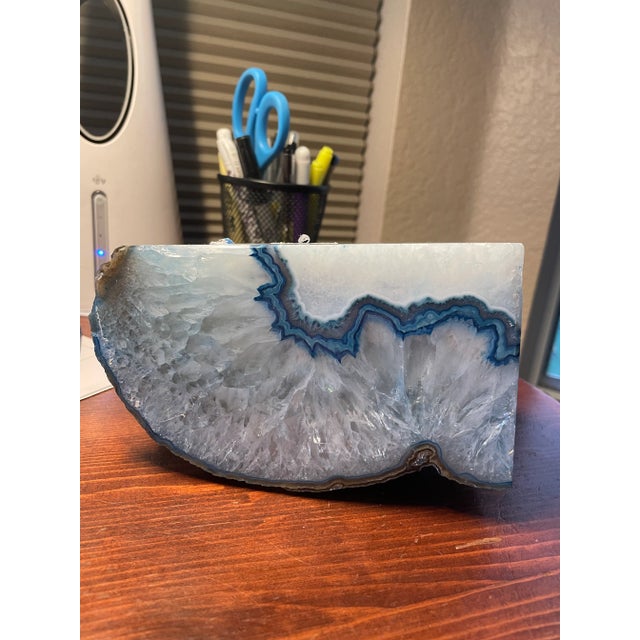 Contemporary 1980s Natural Geode Glass Agate Blue Artesian Polished Stone Specimen For Sale - Image 3 of 11