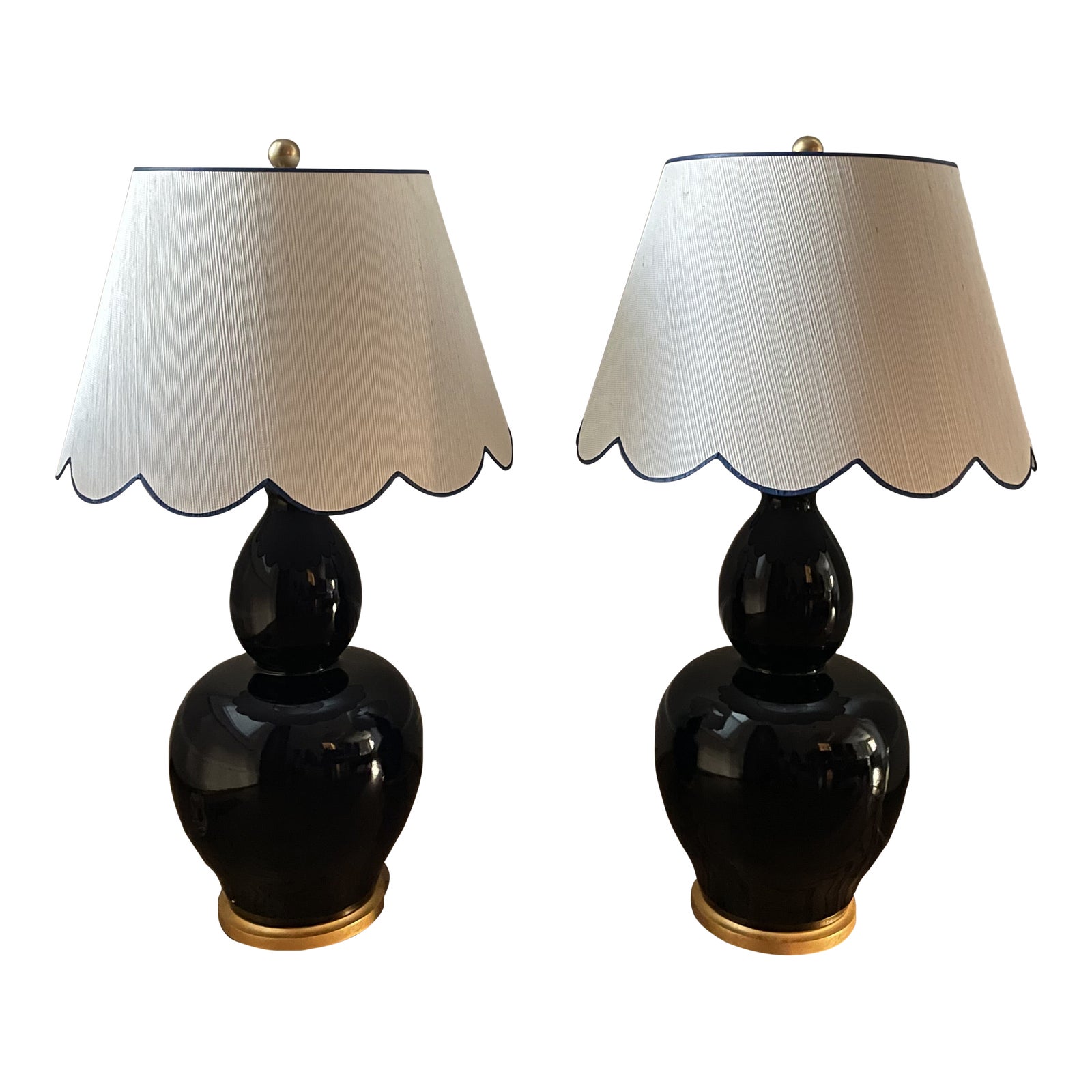 Visual Comfort Yue Double Gourd Table Lamps in Denim With Custom Dorothy Draper Scalloped ...