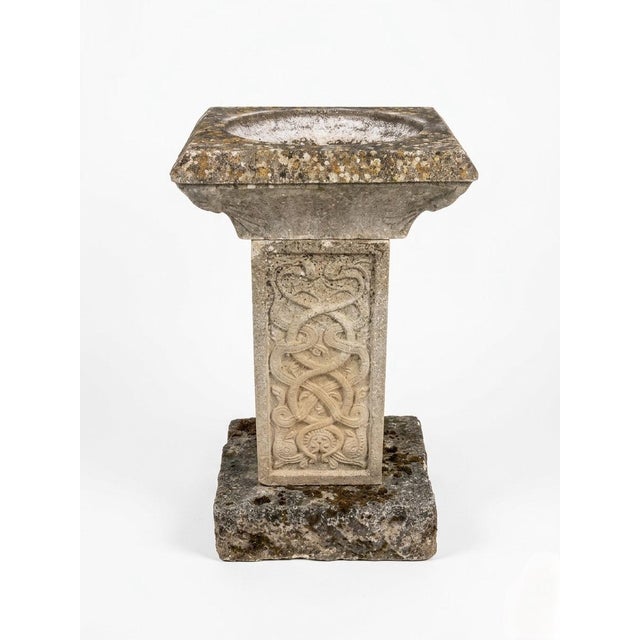 Traditional English Regency Style Weathered Cast Stone Birdbath With Celtic Knot Pedestal For Sale - Image 3 of 10