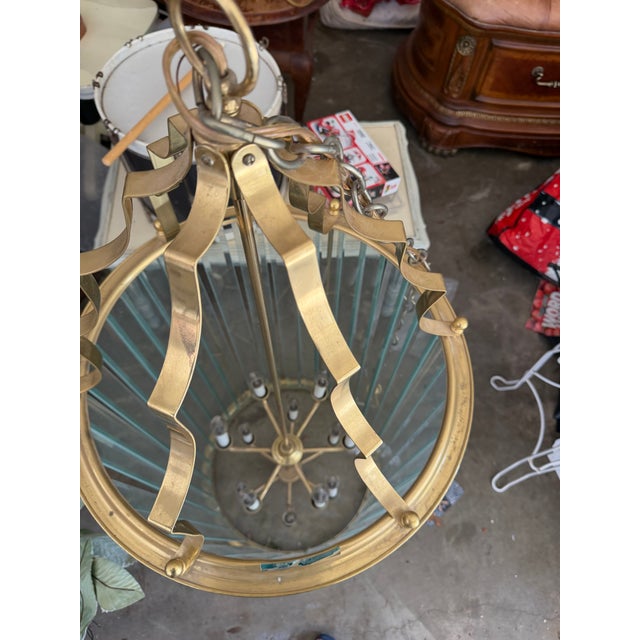 1980s Monumental 4-Foot Hollywood Regency Brass & Beveled Glass 6-Light Cylinder Foyer Chandelier For Sale - Image 4 of 4