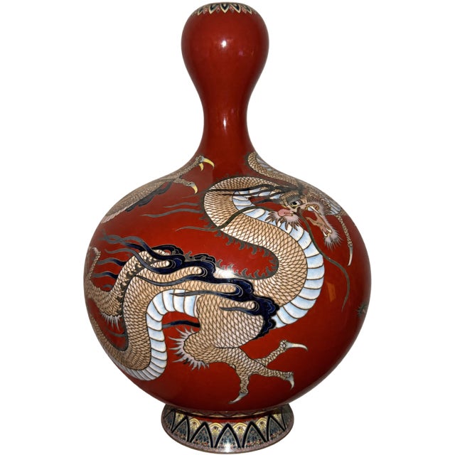 Late 19th Century Japanese Cloisonne Enamel Red Gourd Shaped Dragon Vase Meiji For Sale - Image 5 of 10