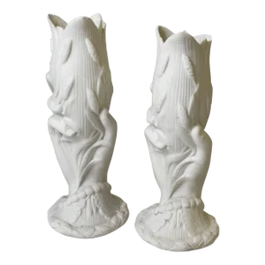 19th Century Victorian Royal Copenhagen Style Parian Ware Porcelain Hand Vases- a Pair