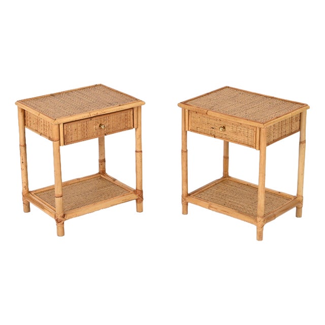 French Riviera Nightstands in Bamboo, Rattan and Brass, Italy, 1970s, Set of 2 For Sale