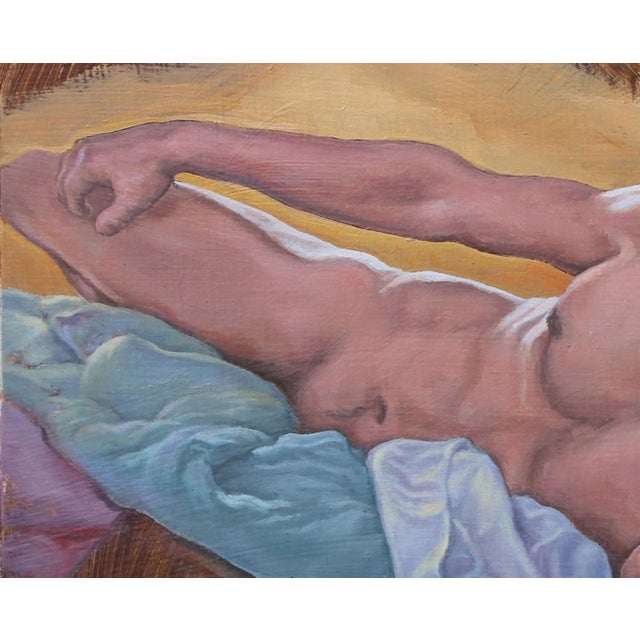 This oil on panel artwork depicts a reclining male figure, captured in a moment of relaxed contemplation. The soft,...