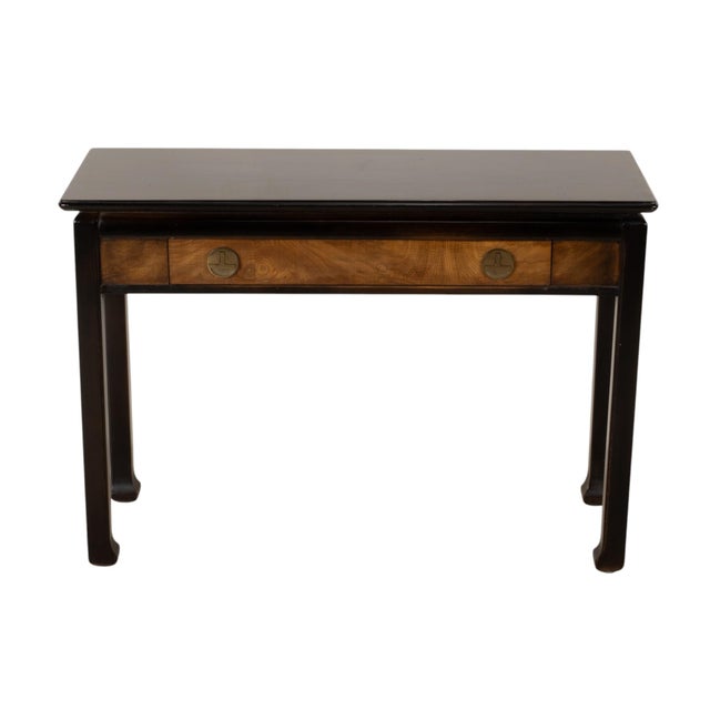 Vintage Lane Furniture console table with Asian-inspired Ming styling, a dark wood finish, contrasting figured wood drawer...
