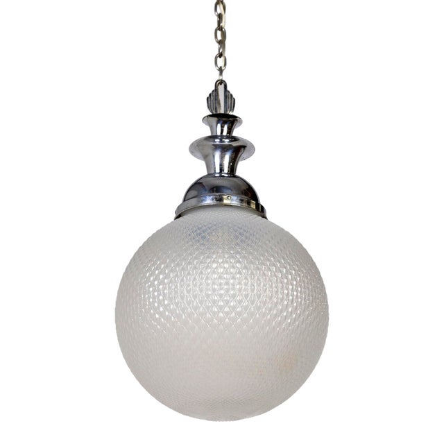 1920s Large Art Deco Chrome & Textured Opal Glass Globe Pendant Light For Sale