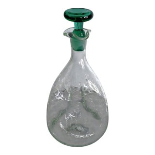 1968 Vintage Blenko #49 Clear Crackle Pinched Decanter W/ Green Stopper MCM 11.5" For Sale