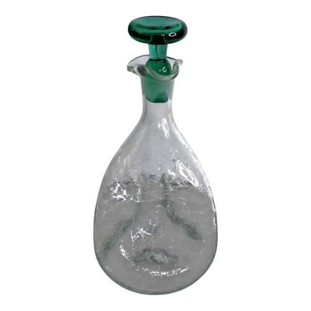 1968 Vintage Blenko #49 Clear Crackle Pinched Decanter W/ Green Stopper MCM 11.5" For Sale