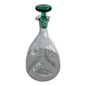 1968 Vintage Blenko #49 Clear Crackle Pinched Decanter W/ Green Stopper MCM 11.5"