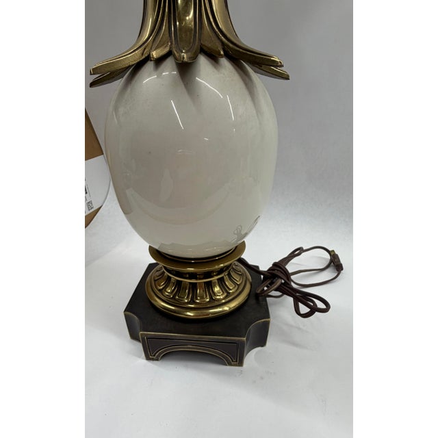 Stiffel Vintage Signed Stiffel Neoclassical Brass and White Enamel Column Table Lamp For Sale - Image 4 of 11