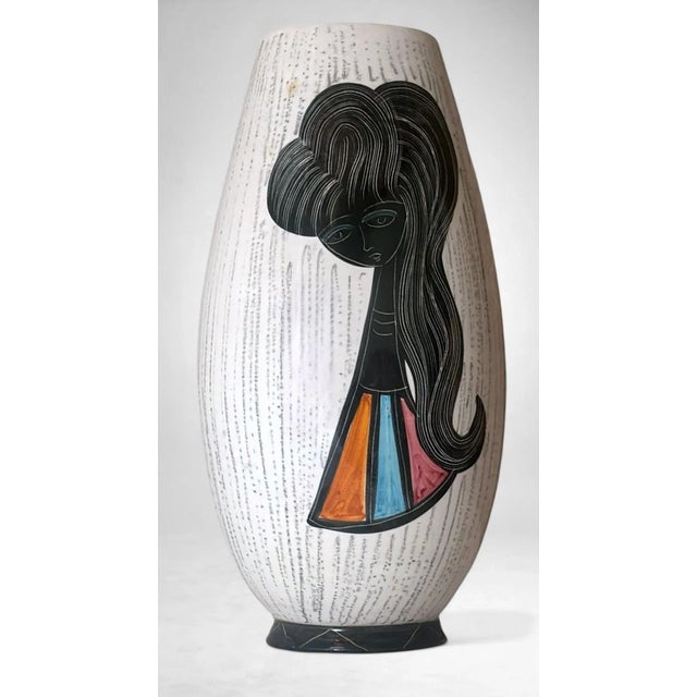 1960s Mid-Century Modern Ceramic Vase With Stylized Girl and Geometric Motifs For Sale - Image 4 of 18