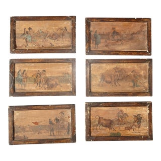 Set Six 7"x12 Collage Antique Rustic Spanish Style Pictures of Bullfighters & Matadors For Sale