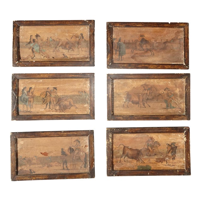 Set Six 7"x12 Collage Antique Rustic Spanish Style Pictures of Bullfighters & Matadors For Sale