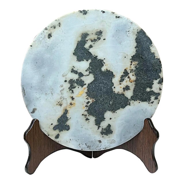Chinese Natural Dream Stone Round White Fengshui Plaque Display For Sale