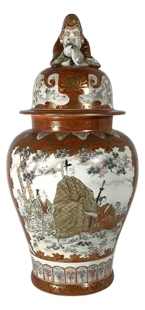 Meiji Kutani Satsuma Lidded Vase: Hand-Painted Cranes & Scholars