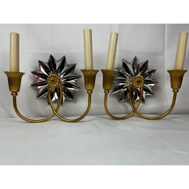 Pair of Gilt Two Light Sconces With Mirrored Twelve Point Star Bursts For Sale - Image 9 of 9