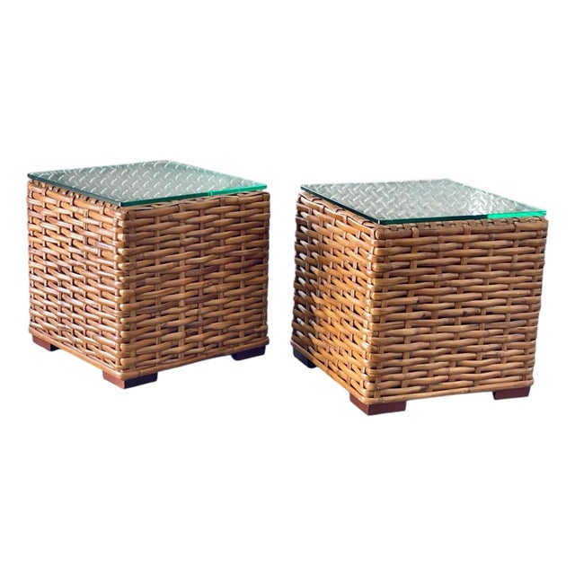 Vintage British Colonial Rattan Cube End Tables, Architectural Form | Pair For Sale