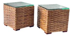 Vintage British Colonial Rattan Cube End Tables, Architectural Form | Pair