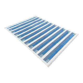 Handmade Cotton Area Rug, Sky Blue and White Cotton Vegetable Dyed Striped Dhurrie-9'x12' For Sale