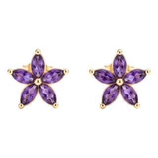 Amethyst Flower Stud Earrings, Floral Style February Birthstone Studs - A Pair For Sale