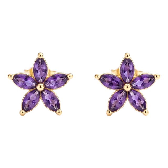 Amethyst Flower Stud Earrings, Floral Style February Birthstone Studs - A Pair For Sale
