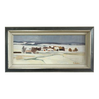 Mid-Century Modern 'Whispers of Winter' Vintage Swedish Semi-Abstract Landscape Oil Painting, Framed For Sale