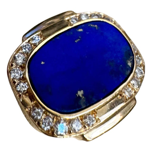 8.5 Ct Emerald cut Natural Lapis Lazuli + Diamond Ring 14 Kt Yellow Gold, 5.5 S For Sale