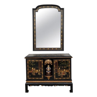 Early 20th Century Black Lacquer & Hand Painted Open Altar Table or Sideboard with Mirror For Sale