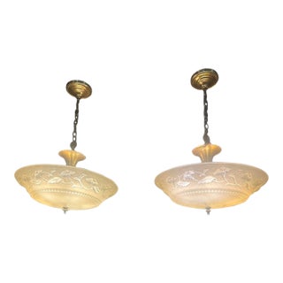 1930s Art Nouveaou Chandeliers With Cream Floral Shades - Set of Two For Sale