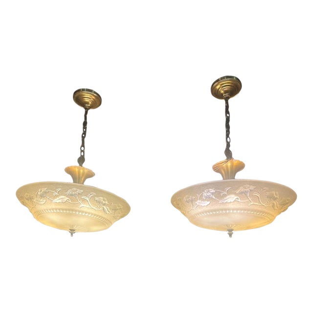 1930s Art Nouveaou Chandeliers With Cream Floral Shades - Set of Two For Sale