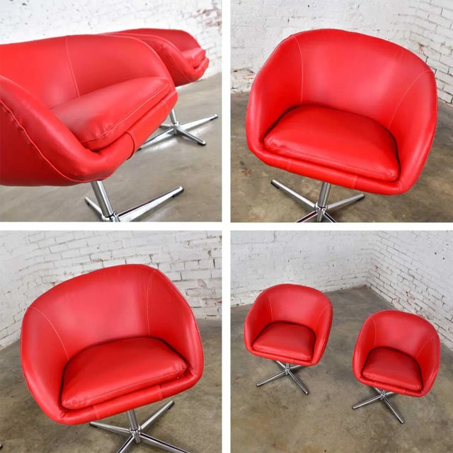 Late 20th Century MCM Swivel Bucket Chairs New Red Vinyl Faux Leather & Chrome X Base by Shelby Williams For Sale - Image 11 of 13