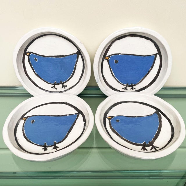 Folk Art Style Handmade White Ceramic Plates with Blue Birds, 1990s, Set of 4 For Sale - Image 6 of 9