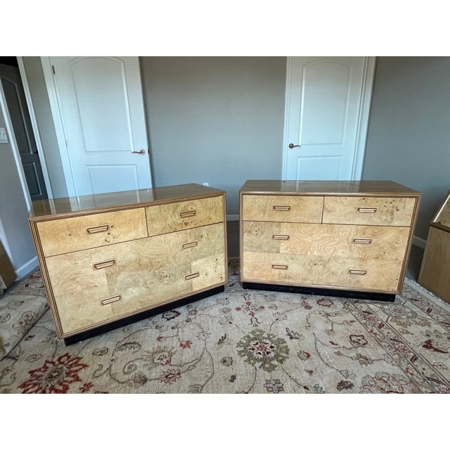 Pair of Vintage Henredon Scene Two Burlwood Dressers (Lowboy Cabinet design) featuring high-grade olive ash burlwood,...