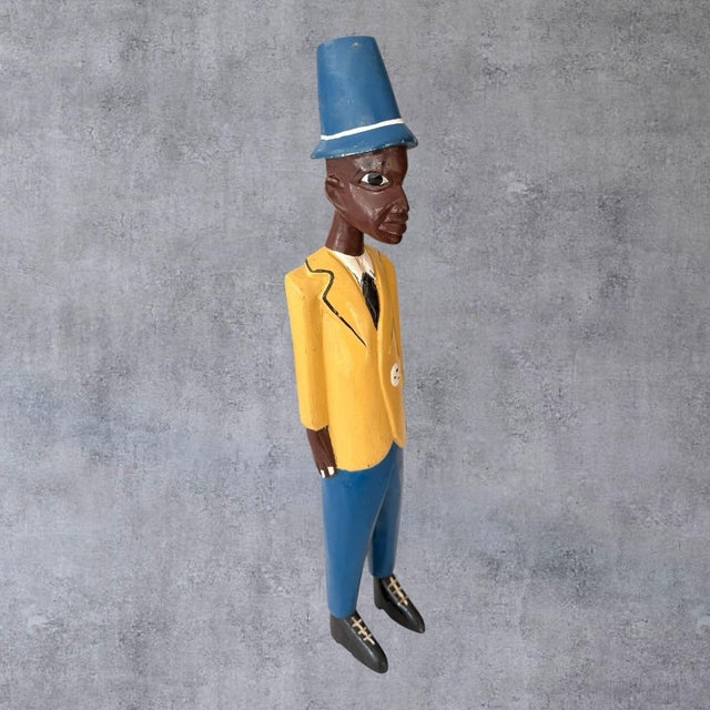 Vintage African Hand Carved Wood Colon Statue Gentleman Figure Yellow Suit 19" For Sale - Image 4 of 10