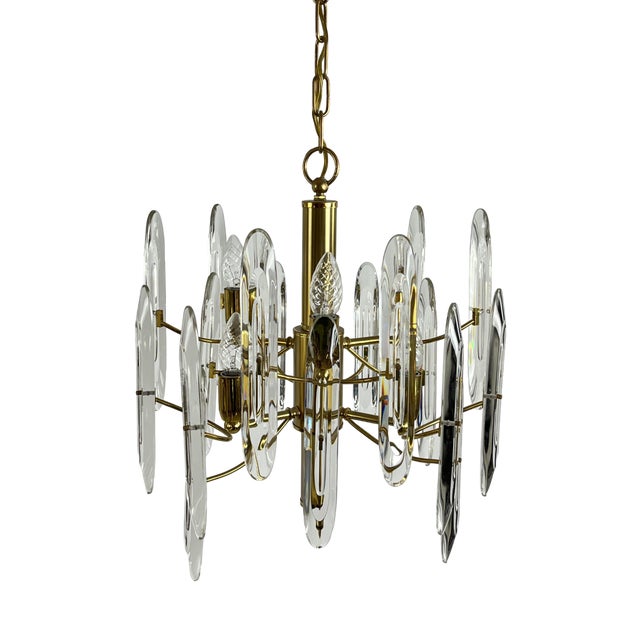 Mid-Century 6-Light Brass and Crystal Chandelier attributed to Sciolari, 1960s For Sale