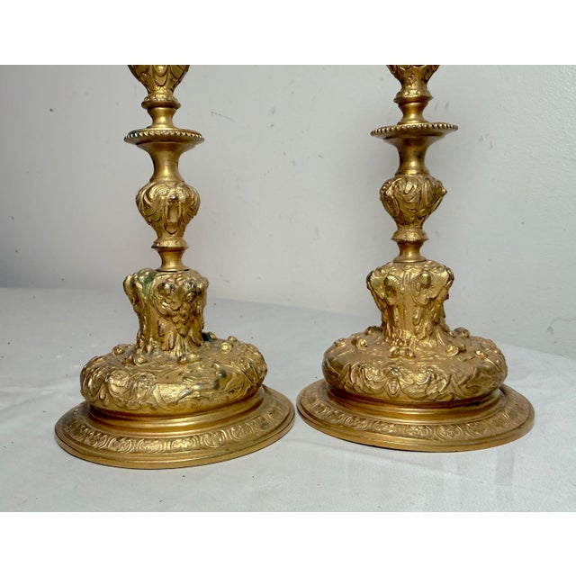Pair Antique Ornate 1800's Gilt Bronze French Figural Candlestick Candle Holders For Sale - Image 10 of 13