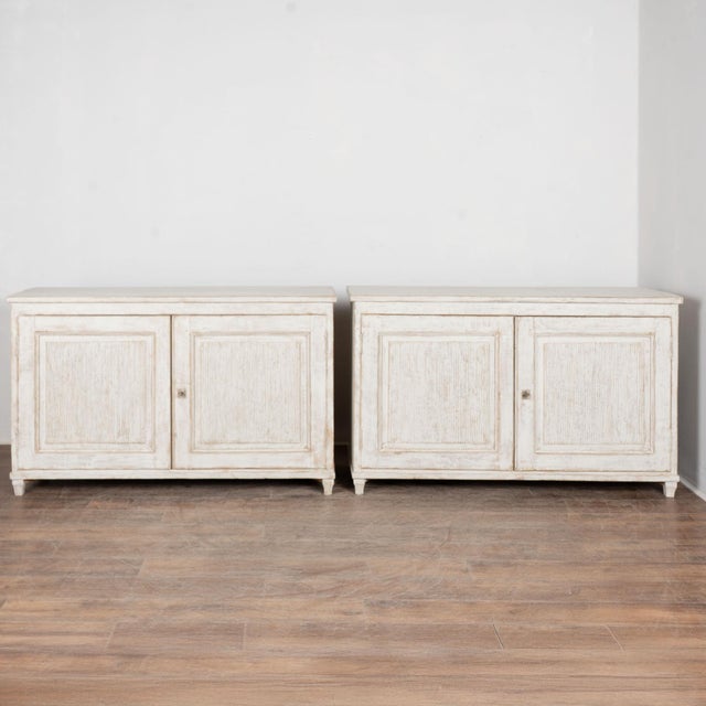 Gustavian (Swedish) Pair 19th Century Swedish White Painted Pine Sideboards With Fluted Doors For Sale - Image 3 of 16