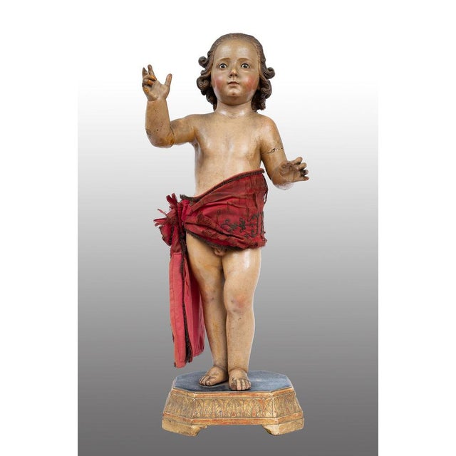 Wood Antique 18th Century Neapolitan Blessing Child Sculpture in Polychrome Wood For Sale - Image 7 of 7