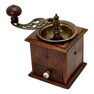 Beautifully Made Antique Mid 1800s Brass With Burl Mahogany & Exotic Wood Inlay Coffee Grinder - Mill