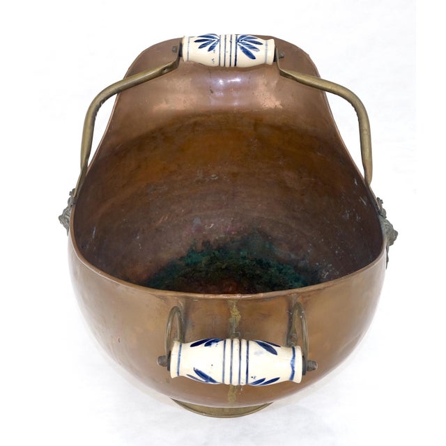 Large Made in Holland Antique Copper Coal Scuttle w/ Brass Ceramic Handle For Sale - Image 4 of 8