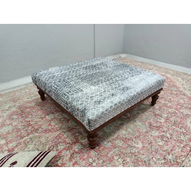 Gray Geometric Rug Print Fabric Upholstered Coffee Table For Sale - Image 4 of 8