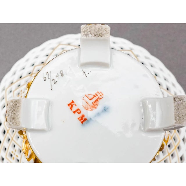 Metal Vintage KPM White Gold Floral Porcelain Reticulated Basket Compote Pedestal Bowl For Sale - Image 7 of 7