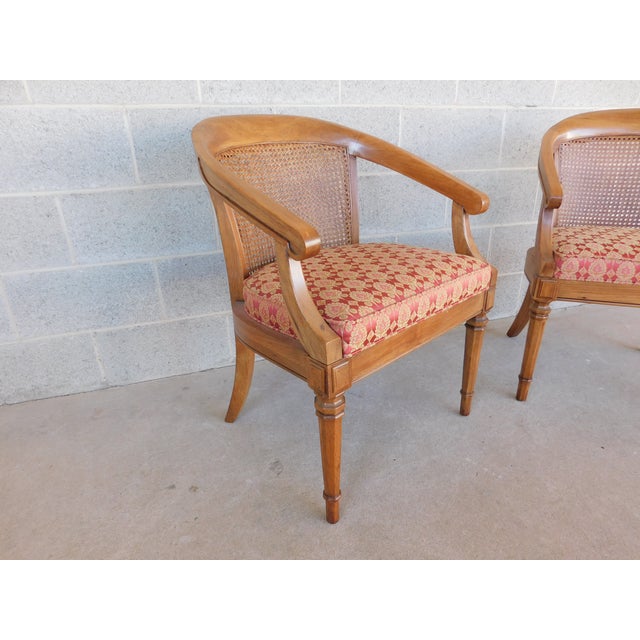 Vintage Walnut Barrel Back Italian Regency Style Cane Back Accent Arm Chairs - A Pair For Sale - Image 12 of 12