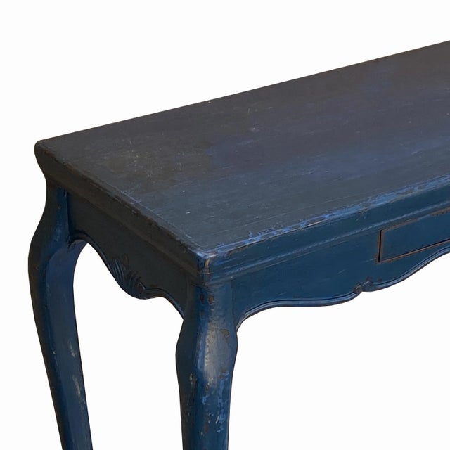 Chinese Chinese Distressed Blue Lacquer Apron Curve Legs Console Side Altar Table For Sale - Image 3 of 9