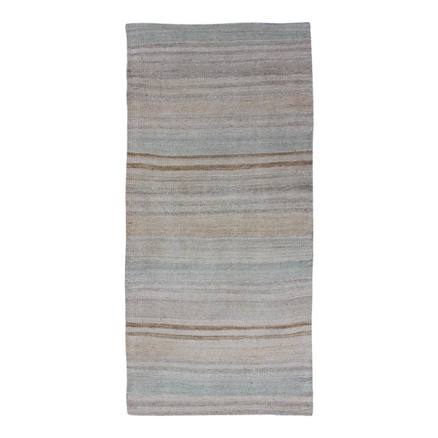 Minimalist Striped Design Vintage Turkish Kilim Runner With Neutral Tones For Sale