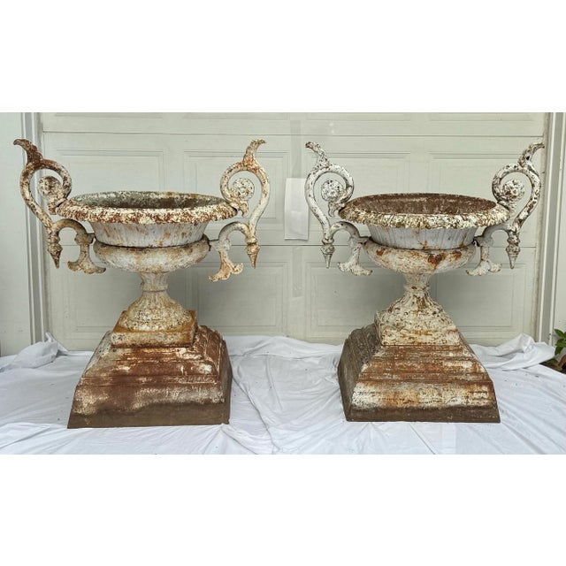 Antique Cast Iron Planters With Arms- A Pair For Sale - Image 4 of 12