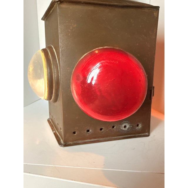 Nautical Antique Brass Three-Lens Nautical Navigation Oil Lantern With Red Blue & Clear Lens For Sale - Image 3 of 12